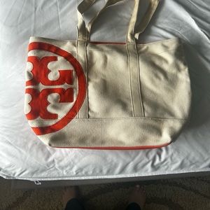Tory Burch cream and orange beach tote. Used but in great condition.
